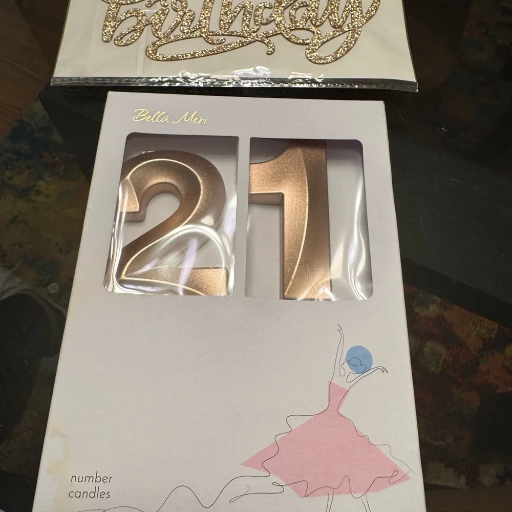 Rose Gold Glitter Happy 21st Birthday Cake Topper and 21 candle